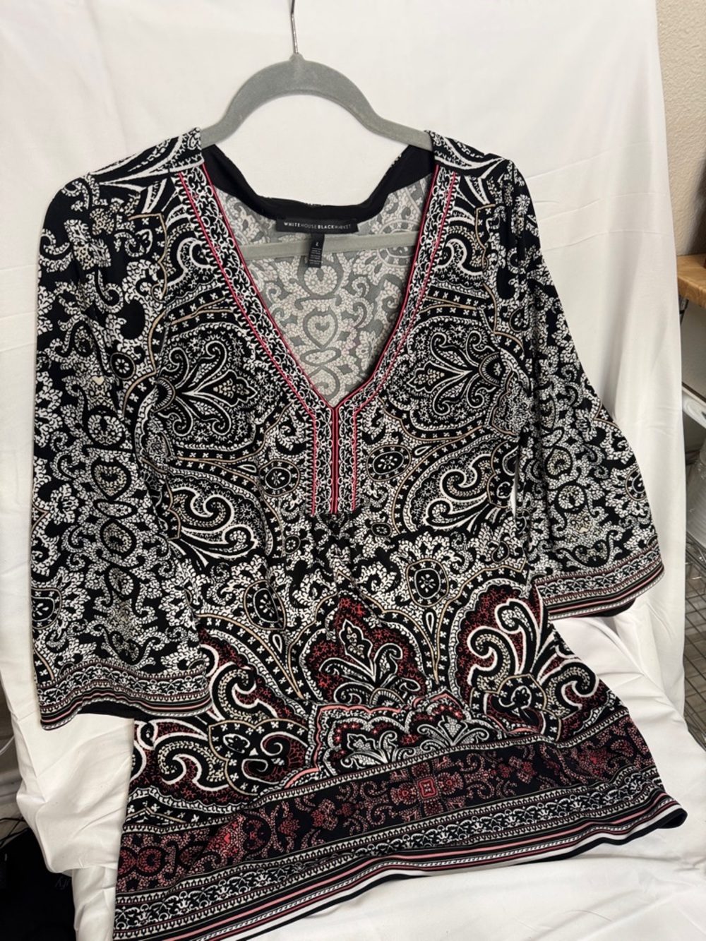 White House Black Market Black & White Paisley V-Neck Tunic with Red Trim